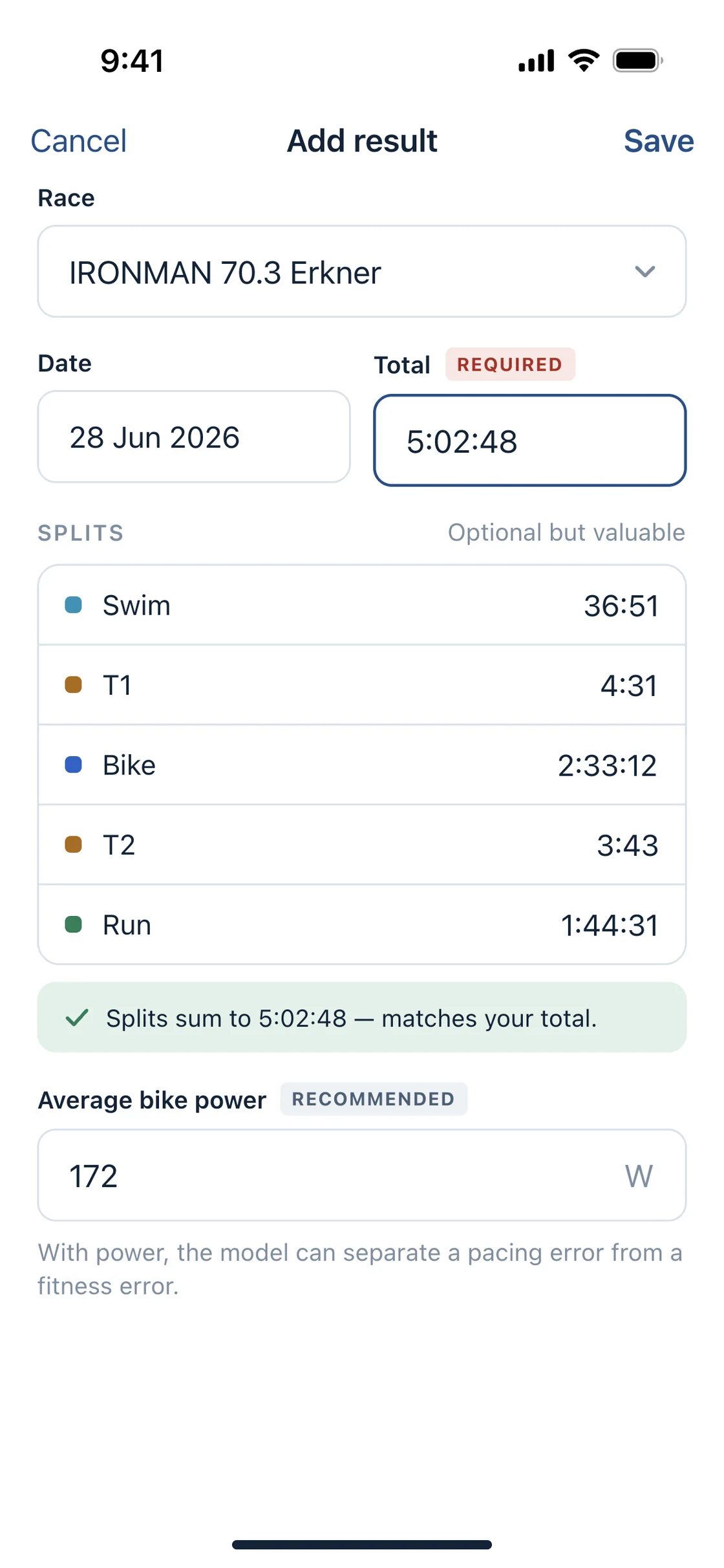 Post-race result entry showing swim, bike and run splits with the total time.